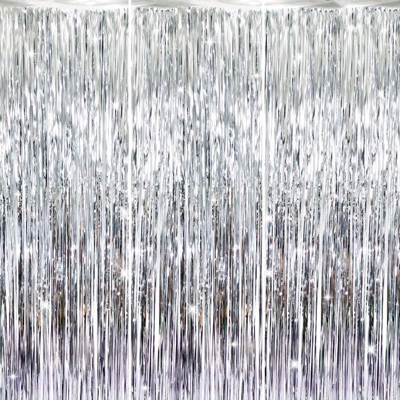 GOER 3.2 ft x 8.2 ft Metallic Tinsel Foil Fringe Curtains Party Photo Backdrop Party Streamers for Birthday,Graduation,New Year Eve Decorations Wedding Decor (Silver,3 pcs) - Image 1